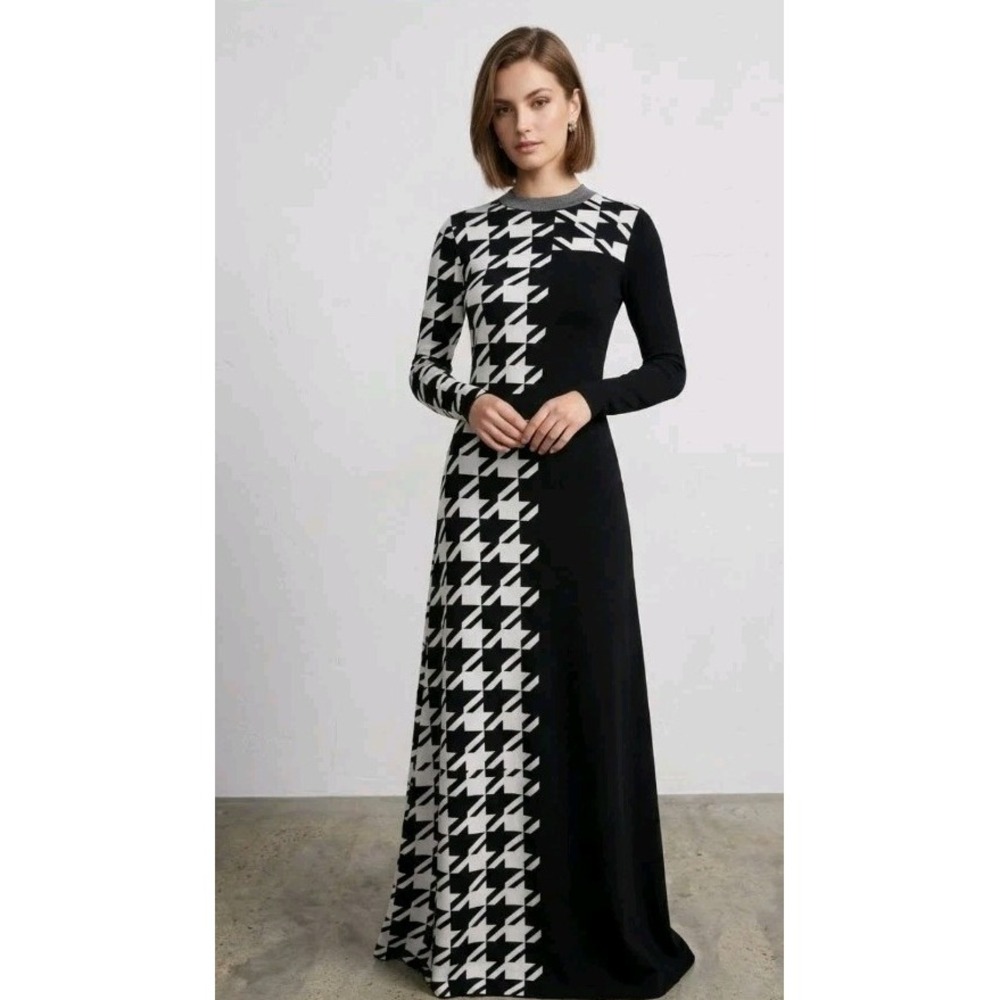 Midi dress, long sleeve heavy knit, asymmetry print, sheath silhouette.Size 1X